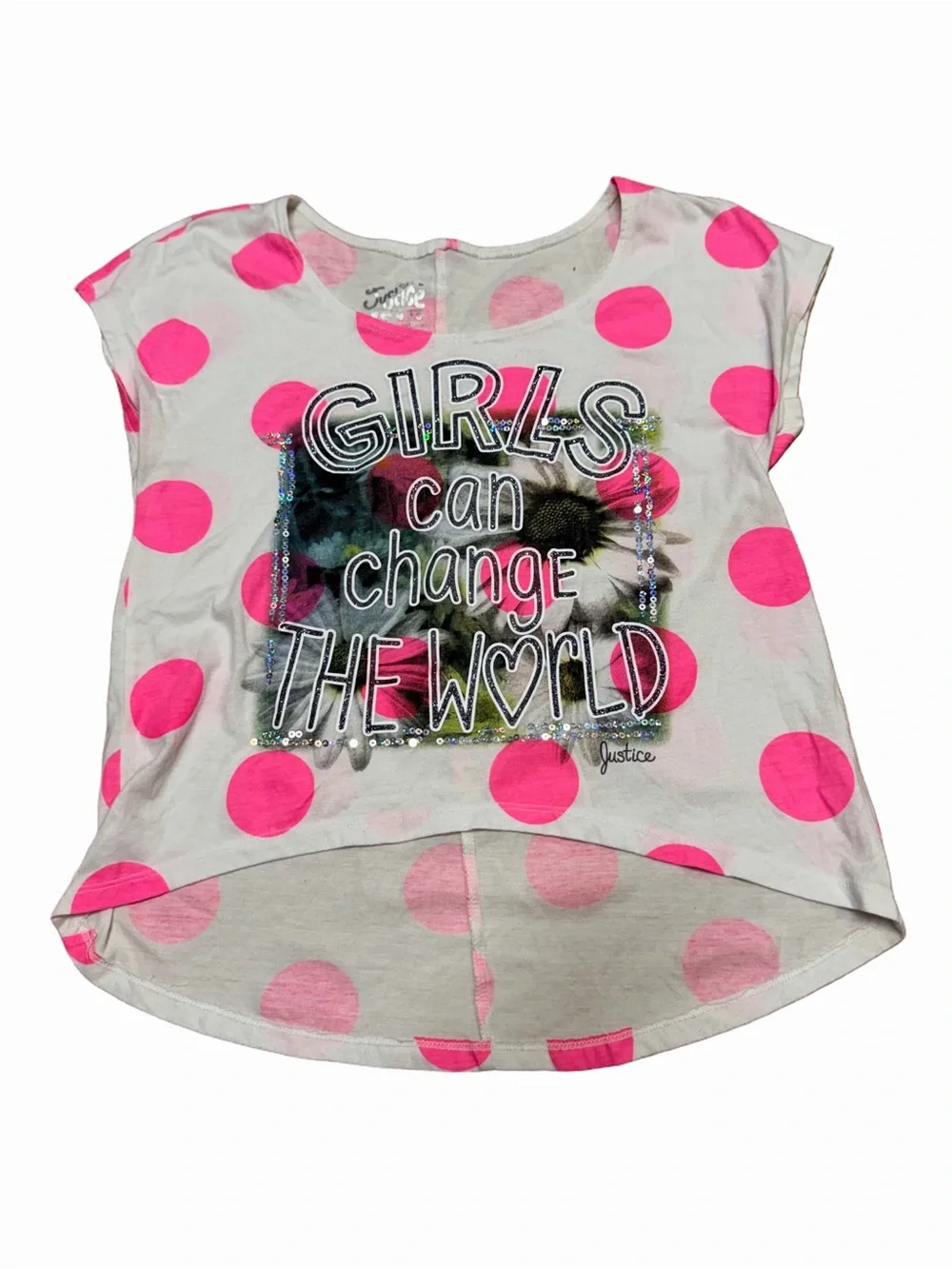 Justice girls 16 white hot pink polka dot sequin Girls Can Change World top